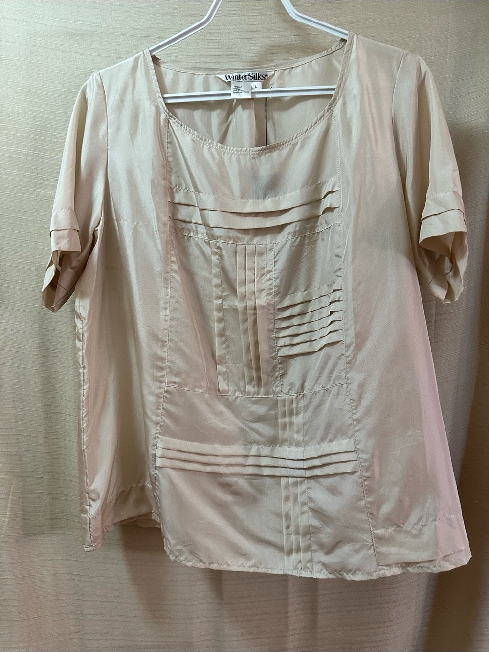 WinterSilks 100% Silk Blouse Pleated Front Beige Short Sleeve Large